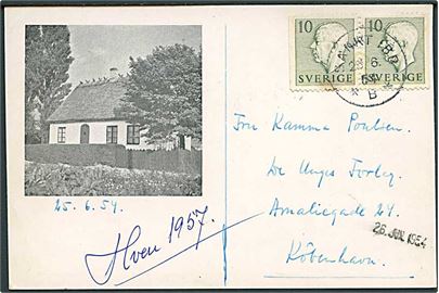 10 öre Gustaf i parstykke på brevkort fra øen Hven i Øresund stemplet Sankt Ibb d. 25.6.1954 til København, Danmark.