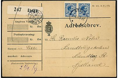 20 øre Chr. X i parstykke på adressebrev for pakke annulleret Stege d. 3.2.1914 og sidestemplet med stjernestempel HJERTEBJERG til Lundby St. Lodret fold.