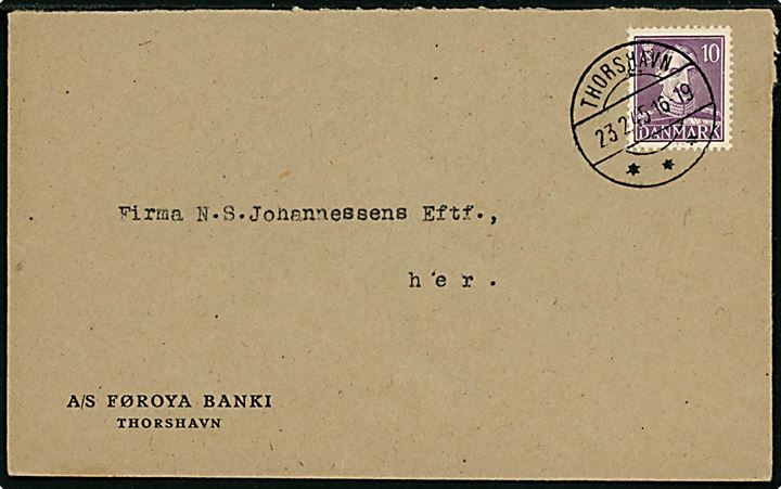 10 øre Chr. X single på lokalbrev i Thorshavn d. 23.2.1945.