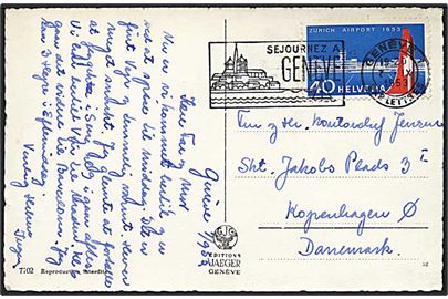 40 rappen blå på postkort fra Geneve d. 7.9.1953 til København.