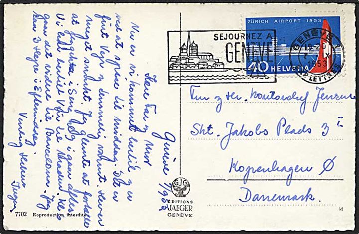 40 rappen blå på postkort fra Geneve d. 7.9.1953 til København.