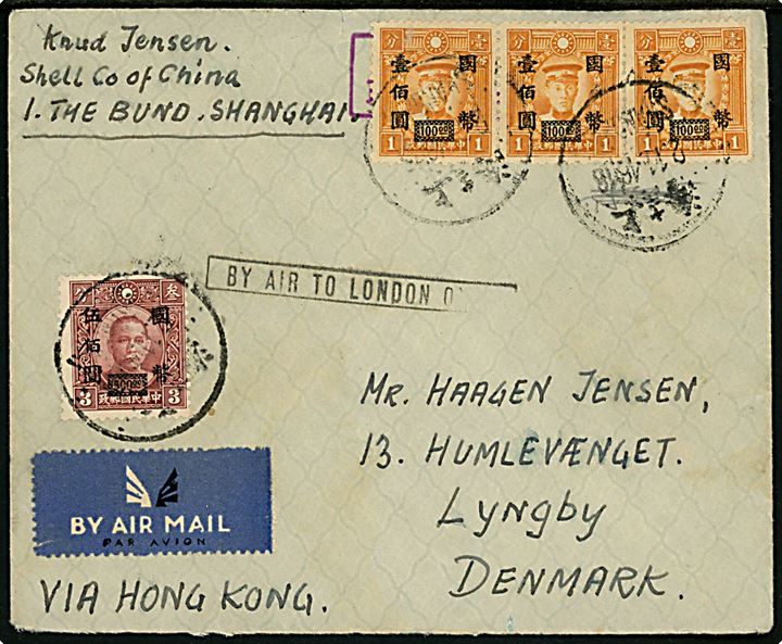 500/3 $ og 100/1 $ (3) Provisorium på luftpostbrev fra dansker ved Shell Company of China i Shanghai d. 2.11.1946 via Hong Kong d. 4.11.1946 til Lyngby, Danmark. Rammestempel By air to London on....