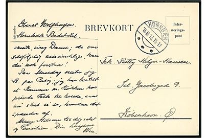 Ufrankeret fortrykt Interneringspost brevkort fra oberst på Hornbæk Badehotel stemplet Hornbæk d. 16.10.1943 til København.