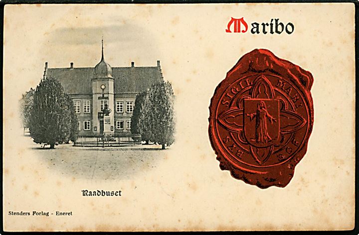 5 øre Chr. IX på brevkort (Maribo Raadhus og Segl) annulleret med lapidar bureaustempel Nykjøbing p. F. - Nakskov d. 25.3.1906 til Faaborg.