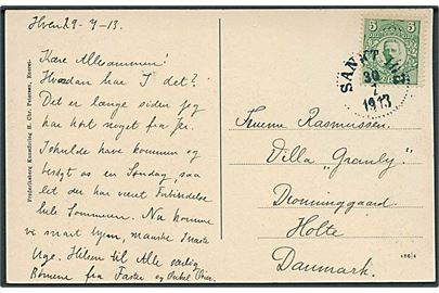 5 öre Gustaf på brevkort (Kirkebakke på øen Hven) stemplet Sankt Ibb d. 30.7.1913 til Holte, Danmark.