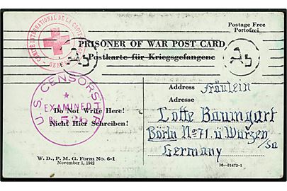 Ufrankeret fortrykt krigsfangekort fra tysk fange i amerikansk fangenskab i Opelika Interment Camp d. 17.6.1943 til Wurzen, Tyskland. Både tysk og amerikansk censur og transit stempel fra Int. Røde Kors i Geneve. 
