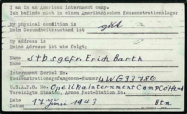 Ufrankeret fortrykt krigsfangekort fra tysk fange i amerikansk fangenskab i Opelika Interment Camp d. 17.6.1943 til Wurzen, Tyskland. Både tysk og amerikansk censur og transit stempel fra Int. Røde Kors i Geneve. 