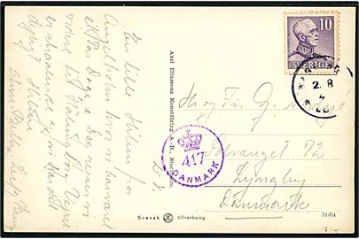 10 öre Gustaf på brevkort (Ängelholm svømmestadion) fra Ängelholm d. 2.8.1945 til Lyngby, Danmark. Dansk efterkrigscensur (krone)/417/Danmark.