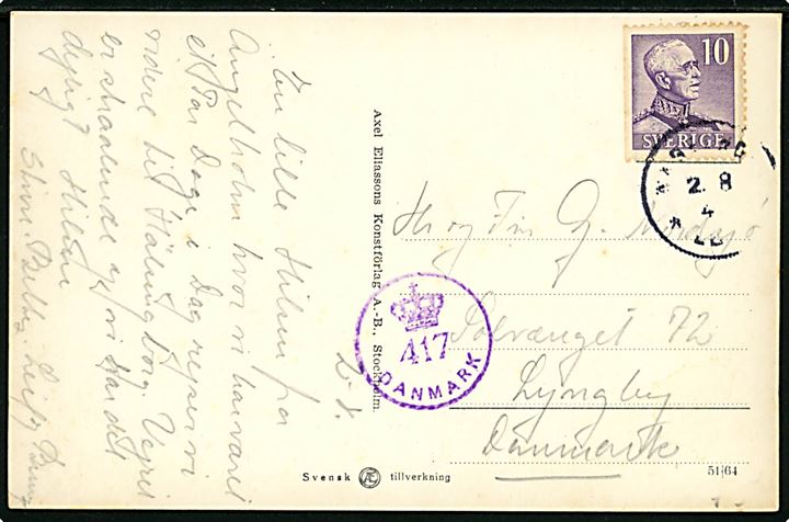 10 öre Gustaf på brevkort (Ängelholm svømmestadion) fra Ängelholm d. 2.8.1945 til Lyngby, Danmark. Dansk efterkrigscensur (krone)/417/Danmark.