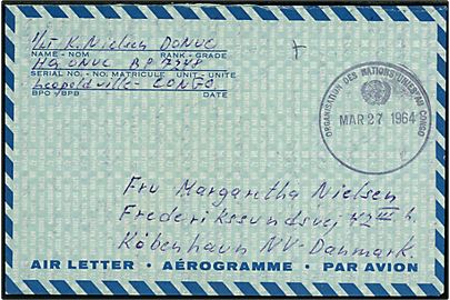 Ufrankeret fortrykt ONUC aerogram fra dansk FN-officer i Leopoldville stemplet Organisation des Nations Unies au Congo d. 27.3.1964 til København, Danmark.