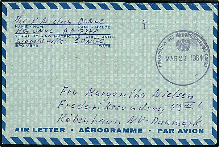 Ufrankeret fortrykt ONUC aerogram fra dansk FN-officer i Leopoldville stemplet Organisation des Nations Unies au Congo d. 27.3.1964 til København, Danmark.