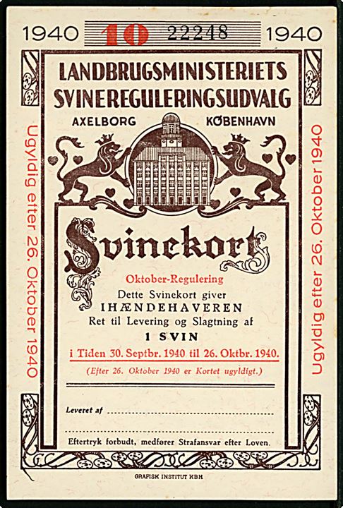 Svinekort 1940. Landbrugsministeriets Svinereguleringsudvalg Axelborg København. 