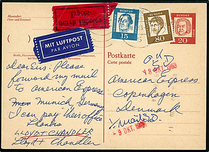20 pfg. helsagsbrevkort opfrankeret med 15 pfg. og 80 pfg. sendt som luftpost ekspres fra Köln d. 8.10.1963 til American Express i København, Danmark.