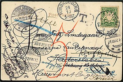5 pfg. Våben på brevkort fra Nürnberg d. 2.10.1902 til Haderslev - eftersendt til Ringkjøbing og Kolding med portostempel T og udtakseret i 5 øre dansk porto.