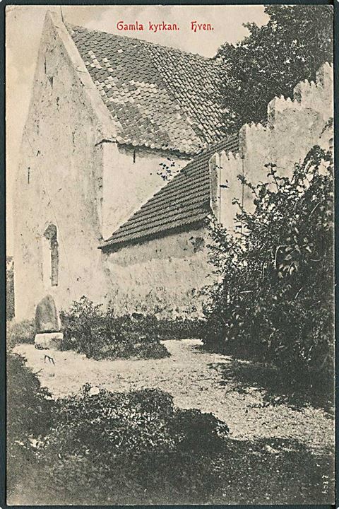 5 öre Gustaf på brevkort (Gamle Kirke på øen Hven) stemplet Sankt Ibb d. 1.8.1913 til Holte, Danmark.
