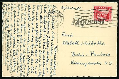 20 aur Gullfoss på brevkort (Heylest) annulleret med britisk stempel i Edinburgh d. 15.4.1936 og sidestemplet Paquebot til Berlin, Tyskland.