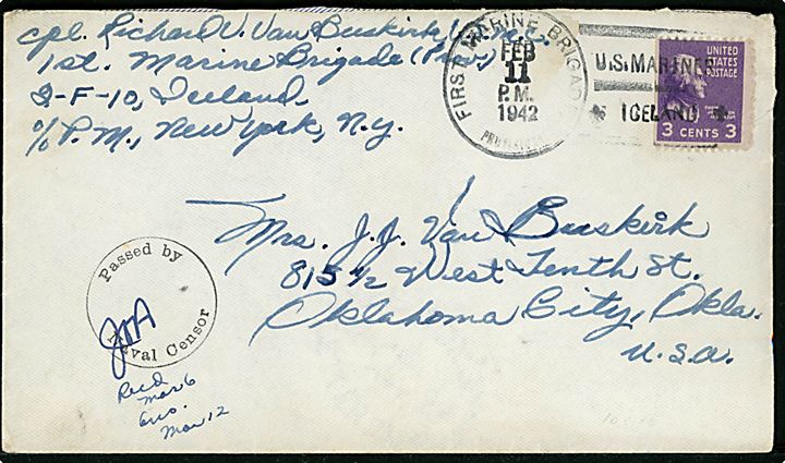 Amerikansk 3 cents Jefferson på brev stemplet First Marine Brigade Provisional / U. S. Marines * Iceland * d. 11.2.1942 til Oklahoma City, USA. Sort flådecensur Passed by Naval Censor.