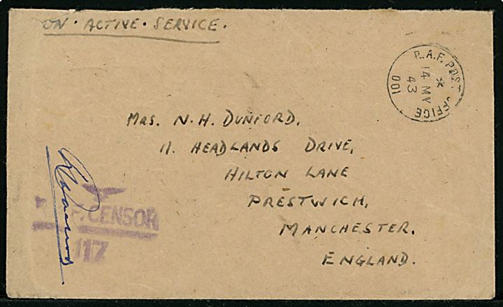 Ufrankeret OAS feltpostbrev med Royal Air Force feltpost stempel R.A.F. Post Office 001 (= Reykjavik) d. 14.5.1943 til Manchester, England. Violet censor: R.A.F. Censor 117.