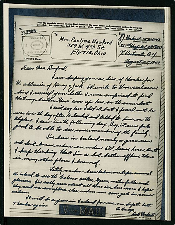 V-mail formular fra soldat på 327th Hospital APO 860 (= Reykjavik, Island) d. 25.8.1943 til Elyria, USA. Unit censor: Passed by US Army Examiner 00605. Nedfotograferet og ilagt kuvert med stempel New York N.Y. d. 28.8.1943.