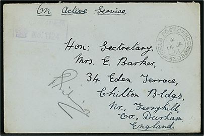 Britisk OAS feltpostbrev stemplet Field Post Office 308 (= Borgarnes, Island) d. 14.1.1941 til Durham, England. Unit censor: Passed by Censor No. 1124.