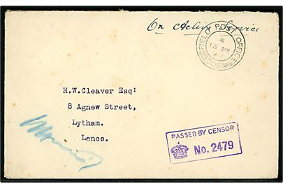 Ufrankeret OAS feltpostbrev med indhold fra R.A.S.C. No. 1 Field Bakery, Iceland Force stemplet Field Post Office 306 (= Reykjavik, Island) d. 13.3.1941 til Lytham, England. Unit censor: Passed by censor No. 2479.