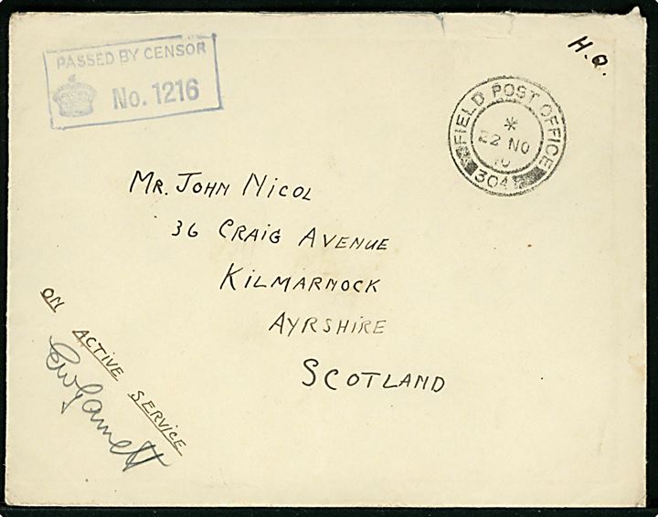 Ufrankeret O.A.S. feltpostbrev stemplet Field Post Office 304 (= Akureyri, Island) d. 22.11.1940 til Kilmarnock, Scotland. Unit censor: Passed by Censor No. 1216.