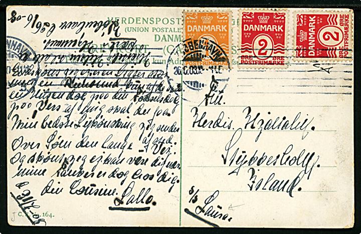 1 øre og 2 øre (2) Bølgelinie på brevkort (En festaften i Tivoli) påskrevet S/S Laura fra Kjøbenhavn d. 26.6.1908 til Stykkesholm, Island. 