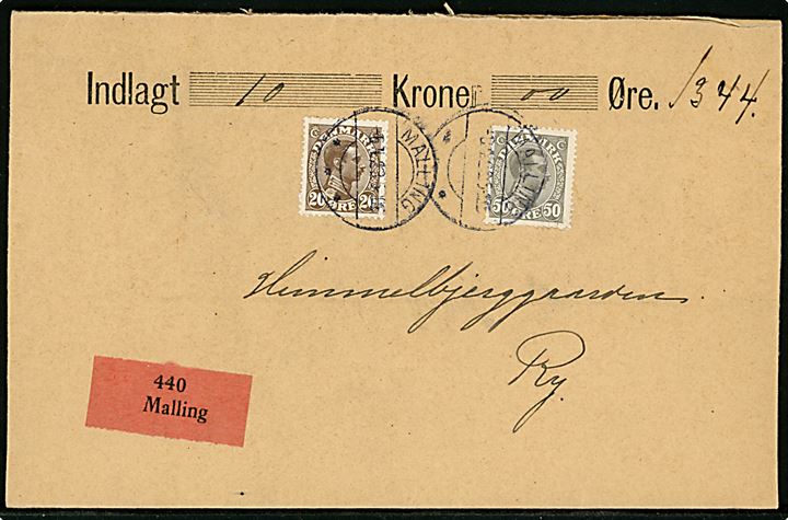 20 øre og 50 øre Chr. X på værdibrev fra Malling d. 6.4.1923 til Himmelbjerggaarden pr. Ry.