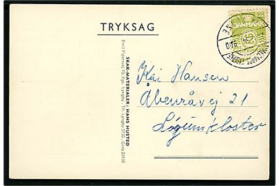 12 øre Bølgelinie på skak-kort sendt som tryksag og annulleret med pr.-stempel Almegaards Kaserne pr. Rønne d. 25.12.1954 til Løgumkloster.