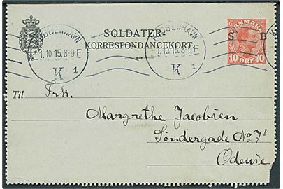 10 øre Soldater-Korrespondancekort fra Saltholmsflakfort stemplet Kjøbenhavn d. 1.10.1915 til Odense.