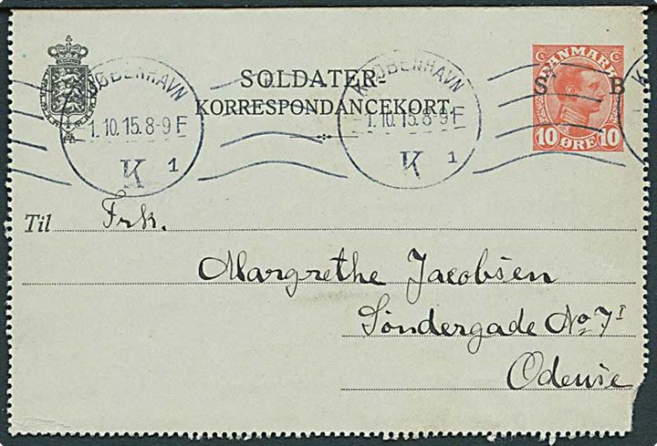 10 øre Soldater-Korrespondancekort fra Saltholmsflakfort stemplet Kjøbenhavn d. 1.10.1915 til Odense.
