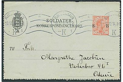 10 øre Soldater-Korrespondancekort fra Saltholmsflakfort stemplet Kjøbenhavn d. 10.12.1914 til Odense.