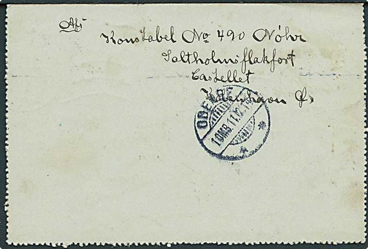 10 øre Soldater-Korrespondancekort fra Saltholmsflakfort stemplet Kjøbenhavn d. 10.12.1914 til Odense.