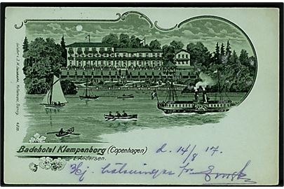 Klampenborg, Badehotel i månelys. J. H. Jacobsohn no. 4235. Ældre kort anvendt i 1917.