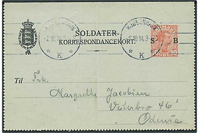 10 øre Soldater-Korrespondancekort fra Saltholmsflakfort stemplet Kjøbenhavn d. 2.10.1914 til Odense.