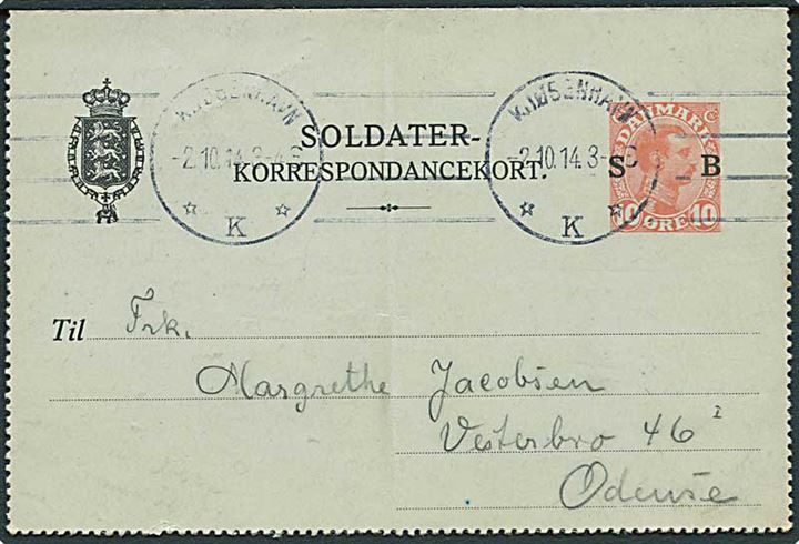 10 øre Soldater-Korrespondancekort fra Saltholmsflakfort stemplet Kjøbenhavn d. 2.10.1914 til Odense.