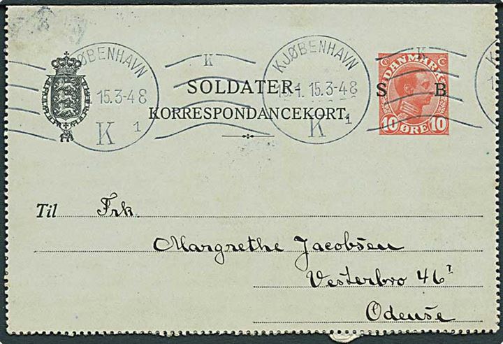 10 øre Soldater-Korrespondancekort fra Saltholmsflakfort stemplet Kjøbenhavn d. 16.1.1915 til Odense.