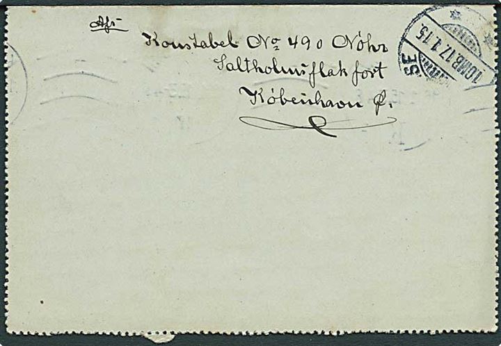 10 øre Soldater-Korrespondancekort fra Saltholmsflakfort stemplet Kjøbenhavn d. 16.1.1915 til Odense.