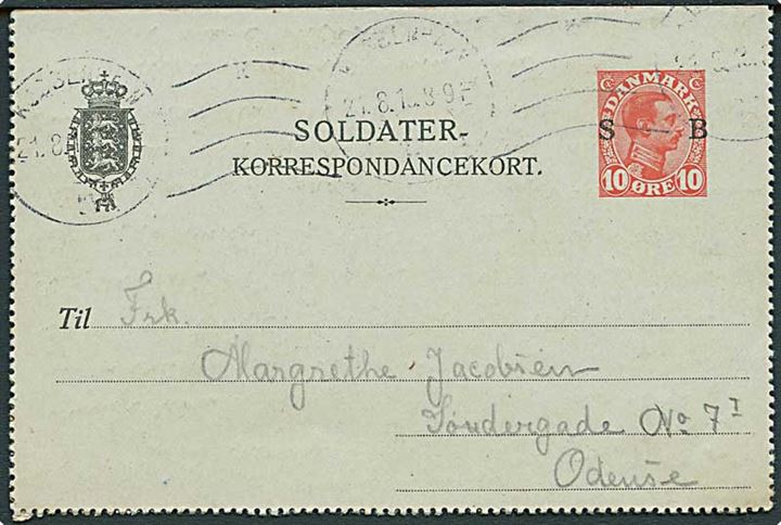 10 øre Soldater-Korrespondancekort fra Saltholmsflakfort stemplet Kjøbenhavn d. 21.8.1915 til Odense.