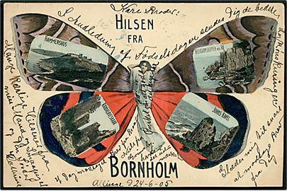Hilsen fra Bornholm med sommerfugl og prospekter. Stenders no. 2456. Frankeret med 10 øre Chr. IX fra Hasle d. 24.6.1905 til Jamestown, N.Y., USA.