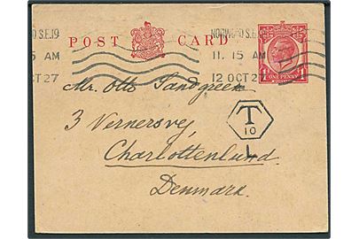 1d George V helsagsbrevkort fra Norwood S.E.19 d. 12.10.1927 til Charlottenlund, Danmark. Underfrankeret med T10 stempel. Ikke udtakseret i dansk porto.
