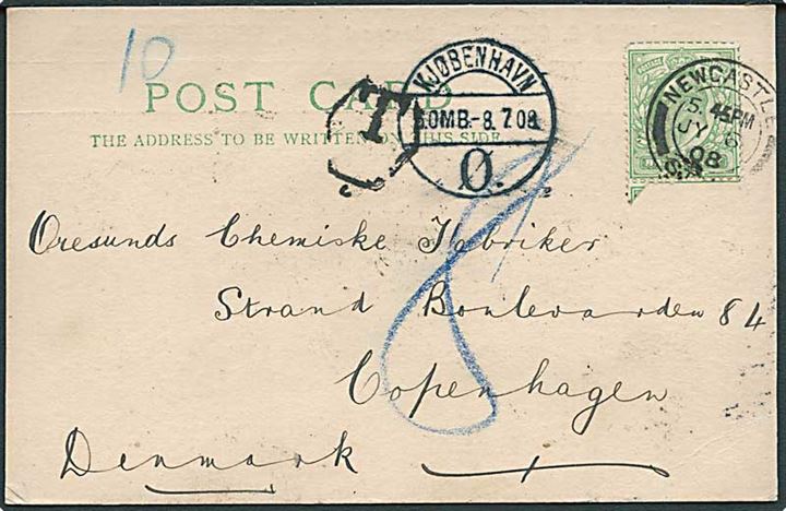 ½d Edward VII på underfrankeret brevkort fra Newcastle d. 6.7.1908 til København, Danmark. Sort T stempel og udtakseret i 8 øre dansk porto.