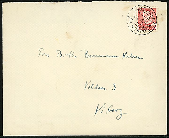 20 øre Fr. IX på brev annulleret med pr.-stempel Klejtrup pr. Hobro d. 16.8.1949 til Viborg.
