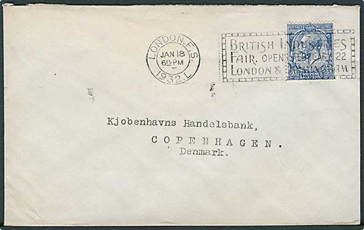 2½d George V med perfin BB på brev fra London d. 18.1.1932 til København, Danmark.