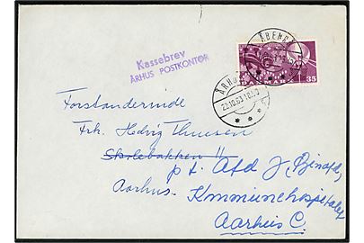 35 øre Tivoli single på brev fra Åbenrå d. 21.10.1963 til Århus. Omadresseret lokalt med stempel Århus C d. 22.10.1963 og violet stempel: Kassebrev / Århus Postkontor.