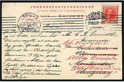10 øre Fr. VIII på brevkort fra Kjøbenhavn d. 21.10.1909 til Montevideo, Uruguay - eftersendt til Alto Cordoba, Argentina.