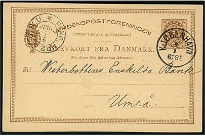 6 øre helsagsbrevkort annulleret med lapidar Kjøbenhavn d. 8.1.1883 via svensk bureau PKXP. No. 2 A UTR. U. d. 9.1.1883 til Umeå, Sverige.