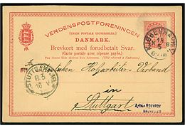 10 øre Våben spørgedel af dobbelt helsagsbrevkort annulleret med lapidar Kjøbenhavn V. KB d. 15.5.1899 til Stuttgart, Tyskland.
