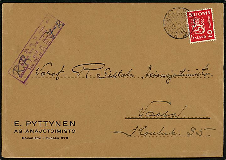 2 mk. Løve på brev fra Rovaniemi i Lapland annulleret med 2-sproget bureaustempel P. Vannu 46 d. 13-10-1939 via Hirvas til Vaasa. Finsk censur fra Vinterkrigen.