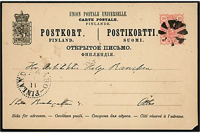 10 pen. helsagsbrevkort fra Hangö d. 10.8.1891 annulleret med stumt korkstempel til Åbo. Ank.stemplet i Åbo d. 11.8.1891. Lille hj. skade.